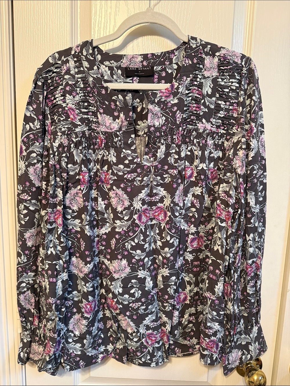 Lane Bryant Black Floral Long-Sleeve Ruffled Yoke Blouse